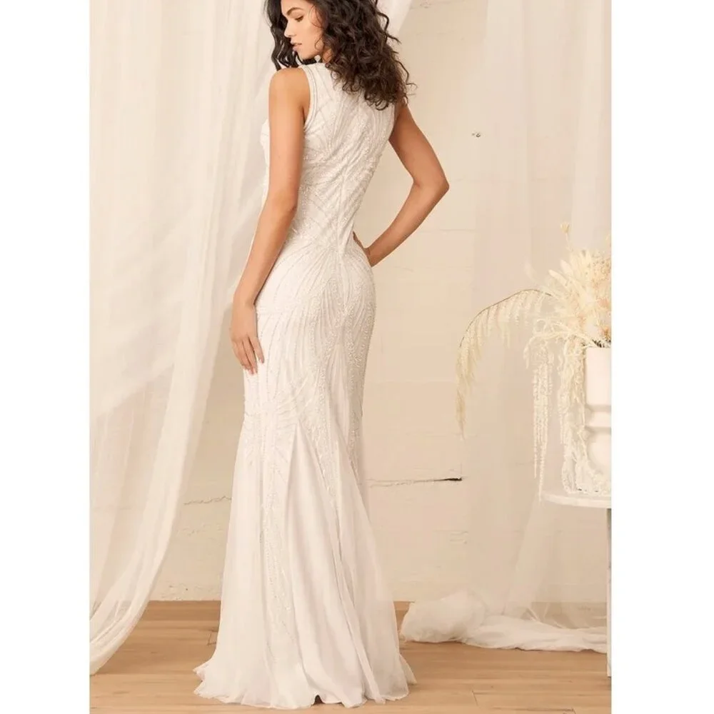 Lulu's White Beaded V-Neck Wedding Dress - Picture 5 of 10